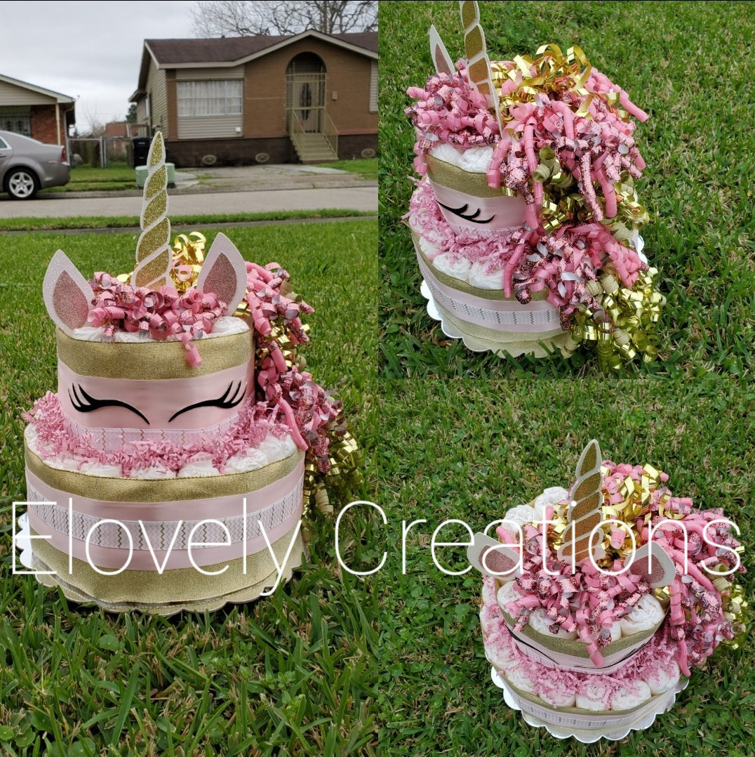 Pink and Gold Unicorn Diaper Cake